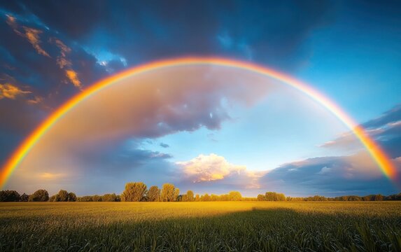 Full vibrant rainbow arching over sunlit green field and distant trees under dramatic cloudy sky, evoking calm awe and hope