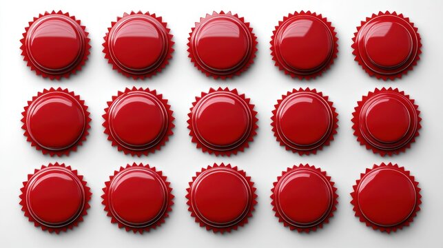 fifteen glossy red bottle caps arranged in a precise three by five grid on a white background, conveying a playful orderly repetition