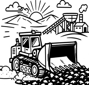 Front loader heavy equipment and mining tractors transporting piles of coal or ore products in the operational area