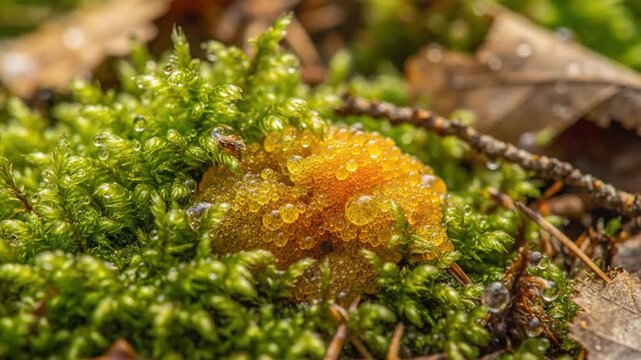 Close-up of golden frog eggs nestled within vibrant green moss on the forest floor, nature's intricate beauty