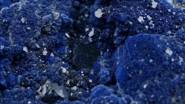 Close-Up Shot of Deep Blue Azurite Mineral Specimen with White Crystal Accents for Mineralogy Study and Geological