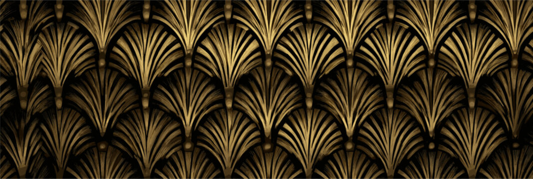 Golden fan shapes forming a repeating decorative Art Deco pattern against a dark background. Art Deco golden fan pattern elegant background