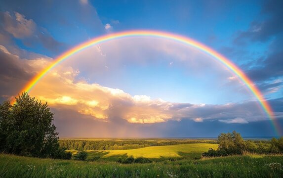 vivid full rainbow arching across a blue sky over sunlit rolling green fields and trees beneath dramatic golden clouds, evoking peaceful awe