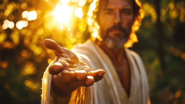 person wearing a light robe reaches an outstretched hand toward the viewer in warm golden sunlight, backlit forest background and blurred face conveying an inviting serene hopeful emotion