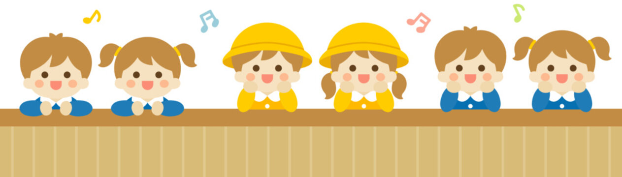 Happy kids leaning on table in kindergarten uniforms vector illustration