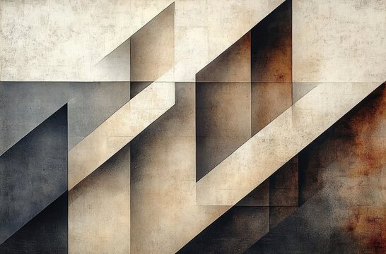layered diagonal geometric planes and textured rectangles in muted sepia and gray tones with soft shadows evoking a quiet, contemplative mood