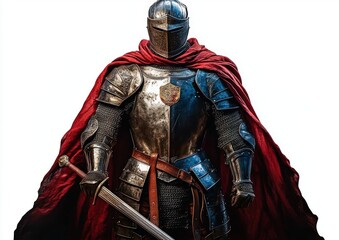 Fototapeta premium Stoic armored knight in gleaming steel plate and chainmail wearing a flowing red cape and closed-visor helmet, gripping a long sword with a heraldic crest on the chest, heroic and imposing