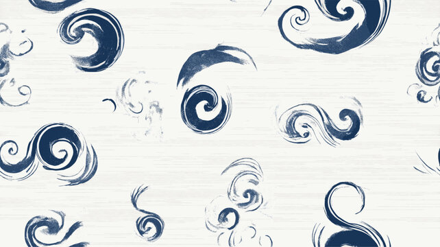 Blue decorative scrolls and flourishes forming an elegant, repeating pattern on a textured white background. Blue swirling ornamental scrolls creating seamless pattern