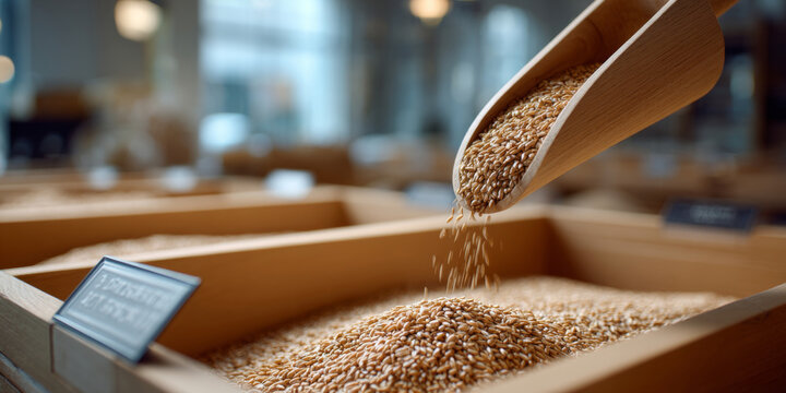 Close-up of wooden scoop pouring wheat grains into a wooden bin in a rustic market or store setting with blurred background
