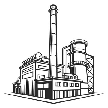 Industrial plant with chimney and turbine black and white line drawing