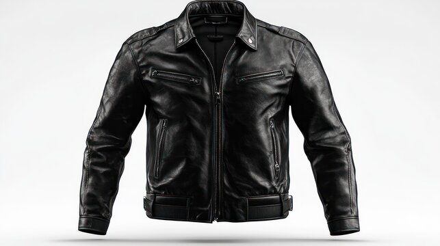 sleek black leather biker jacket with zippered pockets, stand collar and adjustable hem conveying an edgy tough style