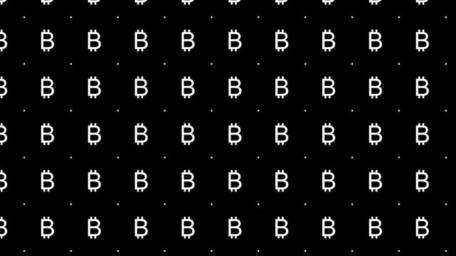 Animated Seamless Pattern Of Bitcoin Symbols With Vortex And Glitch Effect On A Black Background, Seamless Loop, 4K Horizontal Video