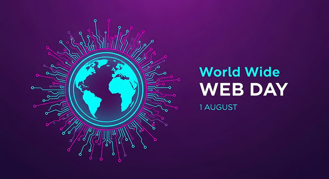 World wide web day celebration graphic featuring a glowing blue digital earth globe with circuit board patterns on a vibrant purple background for internet concepts
