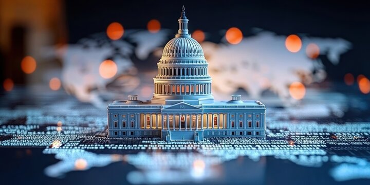miniature neoclassical domed government building glowing atop a digital data grid with blurred world map and warm bokeh lights, conveying futuristic authority and tension