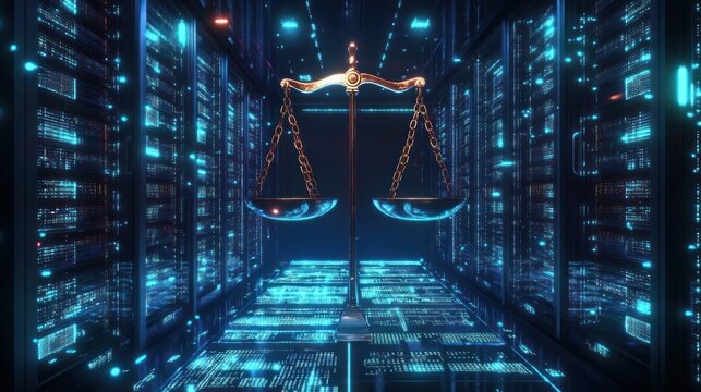 golden balance scales centered in a glowing futuristic server room with neon blue data racks and a solemn high-tech atmosphere
