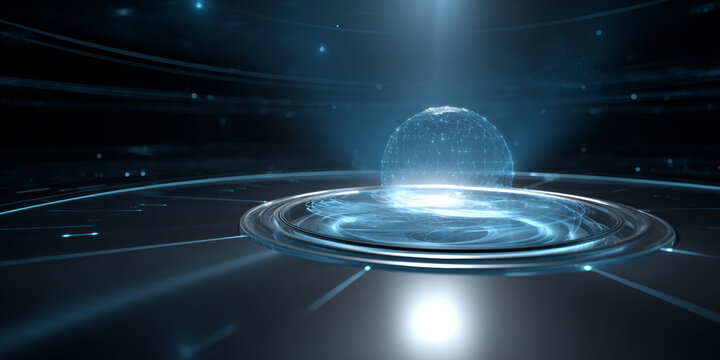 Futuristic digital globe hologram with network connections floating above circular platform in dark high-tech environment