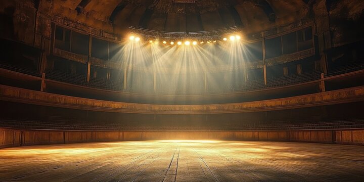 Empty circular theater stage with polished wooden floor, tiered balconies and domed ceiling bathed in warm spotlight beams, evoking solitude and dramatic anticipation