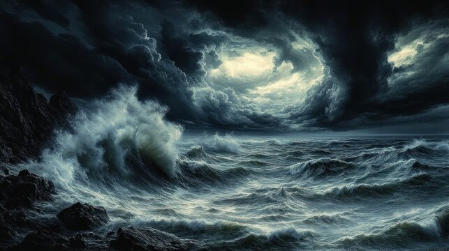 dark storm over violent ocean with towering waves crashing on jagged rocks and a swirling luminous cloud vortex, ominous and powerful atmosphere