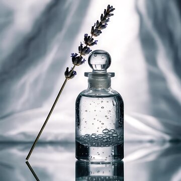 A clear perfume bottle with lavender sprig and bubbles on a reflective surface indoors.