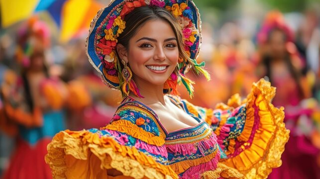 Joyful dancer in a vibrant embroidered traditional dress and floral hat twirling ruffled yellow and pink sleeves in a colorful street parade with blurred festive crowd