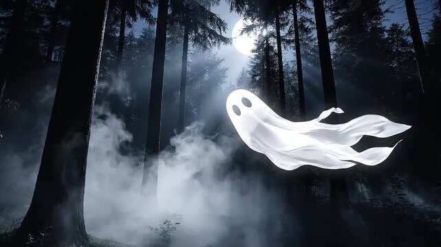 Spooky Floating Ghost Icon in Dark Misty Forest Night with Full Moon