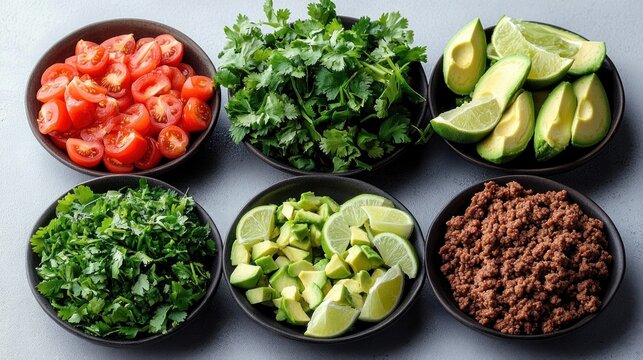 Six bowls of fresh taco toppings: halved cherry tomatoes, a bunch of cilantro, chopped cilantro, avocado halves, diced avocado with lime wedges, and cooked ground beef, vibrant and appetizing