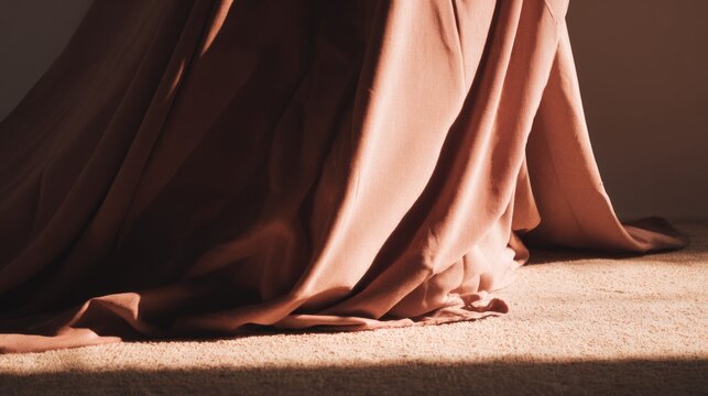 Flowing fabric drapes onto a textured floor surface under dramatic lighting.
