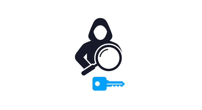 Hooded figure with key and magnifying.