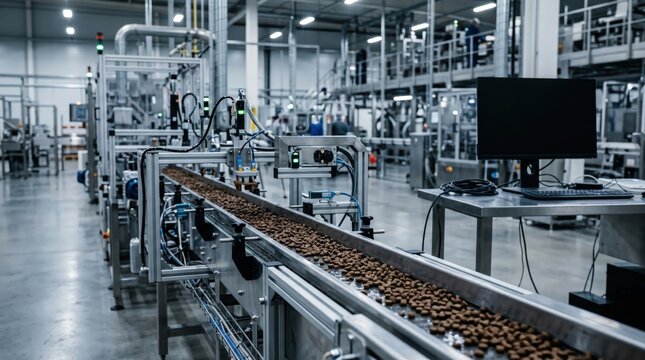 Pet food kibbles move on automated conveyor belt inside modern factory. Industrial production line processes dry animal nourishment at clean plant. Fa