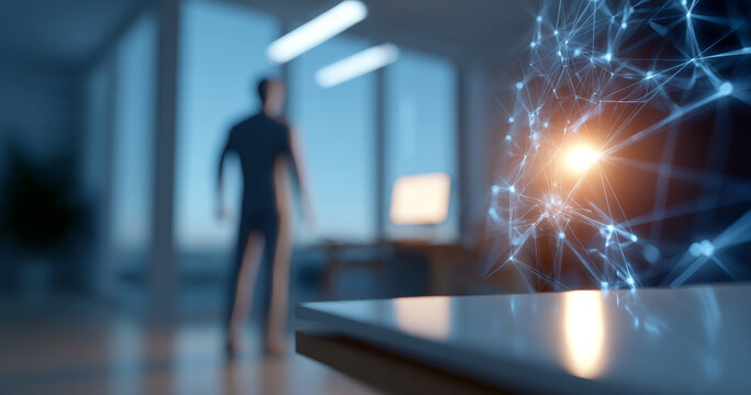 Abstract digital network connections with glowing nodes in modern environment with blurred human figure
