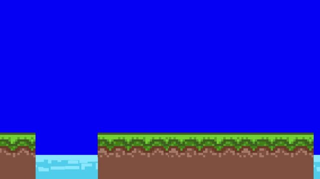 Pixel art animation of a scene with Platforms and water flowing over a blue background, art, vintage, pixel, 2D.