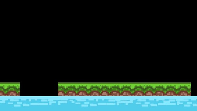 Pixel art animation of a scene with Platforms and water flowing over a black background, art, vintage, pixel.