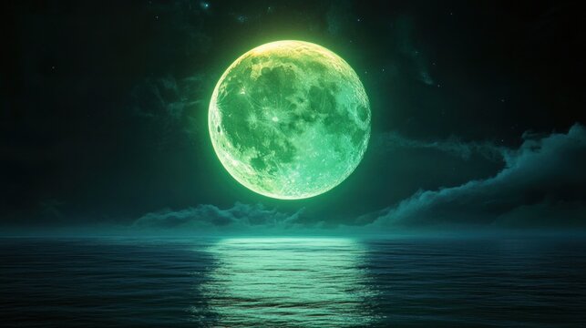 giant glowing green moon rising over calm ocean with reflective water, low clouds and starry night sky, surreal and tranquil atmosphere