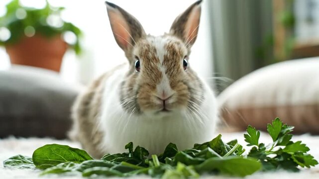 Cute bunny rabbit eating green leafy vegetables like spinach and parsley in a cozy indoor setting