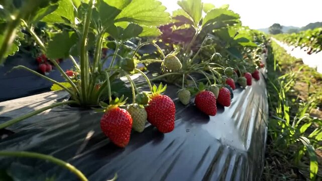 Low angle view of ripe strawberries growing in a field on a sunny day with rows of plants