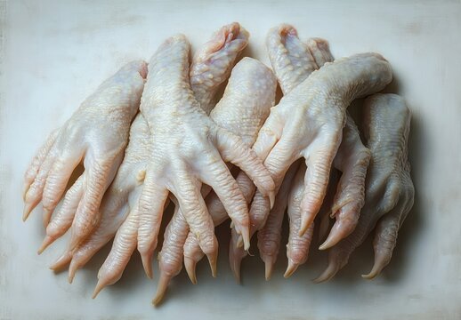 pile of raw chicken feet on a pale board showing scaly skin and sharp claws, visceral and slightly unsettling