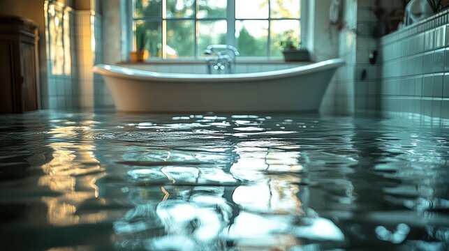 sunlit bathroom with freestanding bathtub and tiled walls, floor flooded with reflective water creating a calm yet unsettling mood