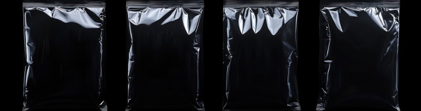 Four glossy resealable plastic bags standing against a black background with reflective highlights and wrinkles, minimal sterile and industrial mood