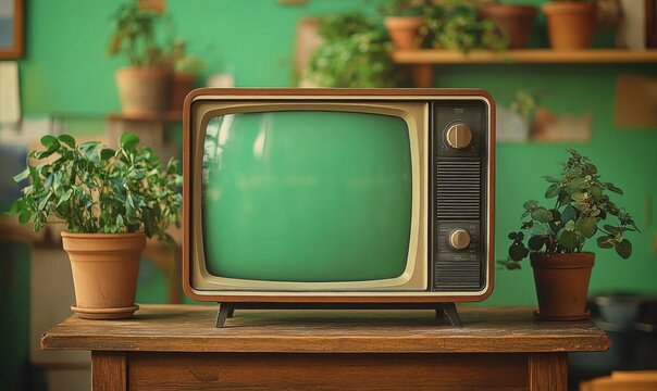 nostalgic vintage television with blank green screen on wooden table flanked by potted plants in a cozy green interior