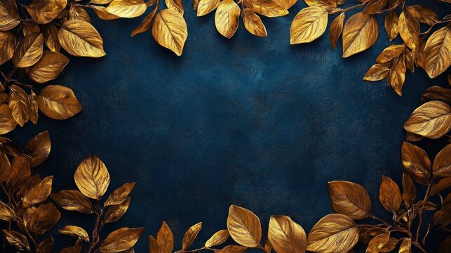 golden leaves framing a deep textured navy blue background, elegant metallic foliage border with warm luminous highlights, luxurious and celebratory mood
