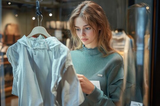 young woman thoughtfully examining a light blue blouse on a hanger through a shop window with reflective glass and clothing racks in the background