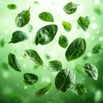 fresh spinach leaves floating in vibrant green light, energetic and refreshing
