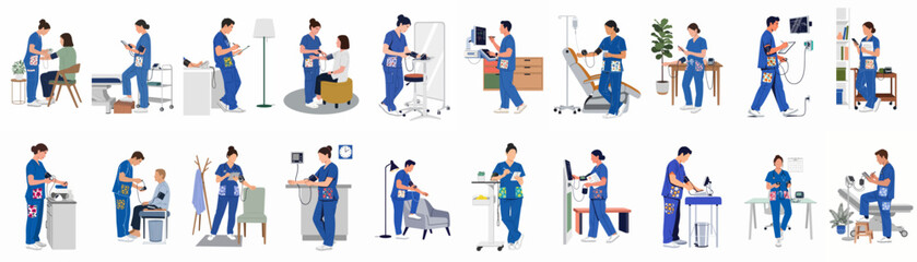 Collection of medical professional illustrations showing healthcare staff in blue scrubs using blood pressure monitors and digital devices in clinic settings. © Juan