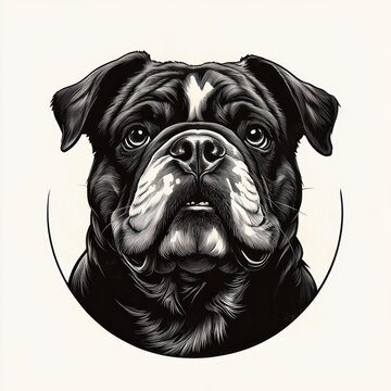 high-contrast black and white close-up portrait of a bulldog with soulful attentive eyes and a dignified stoic expression