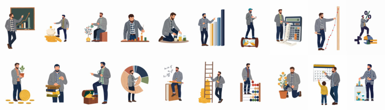 Comprehensive Vector Illustration Set of a Bearded Man Managing Finance, Savings, Investment, and Business Growth in Various Conceptual Scenes