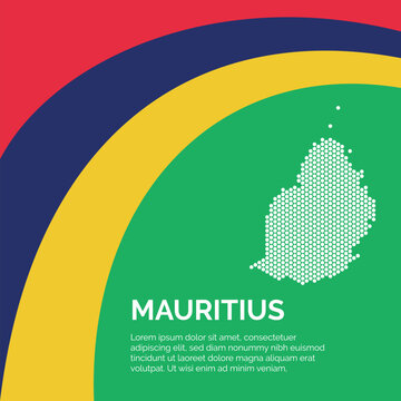 Flag and Map of Mauritius. Dotted map of the country and a rainbow-shaped flag design.