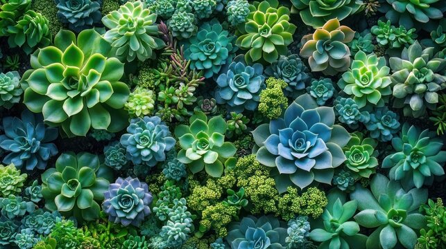 dense arrangement of green and blue rosette succulents, small sedum groundcover and textured foliage forming a tranquil, lush pattern
