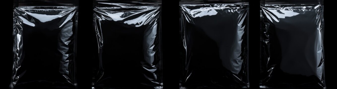 Four glossy black sealed plastic pouches in a row on a dark background with reflective wrinkles, minimalist and mysterious mood