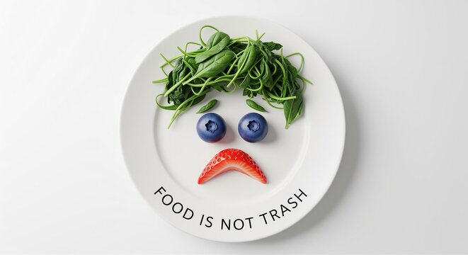 Sad face made of fresh fruits and vegetables on plate