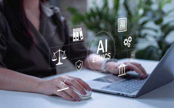 Businesswoman managing AI ethics and legal compliance, policy control and corporate agreements, risk warning, governance framework and responsible artificial intelligence concept.